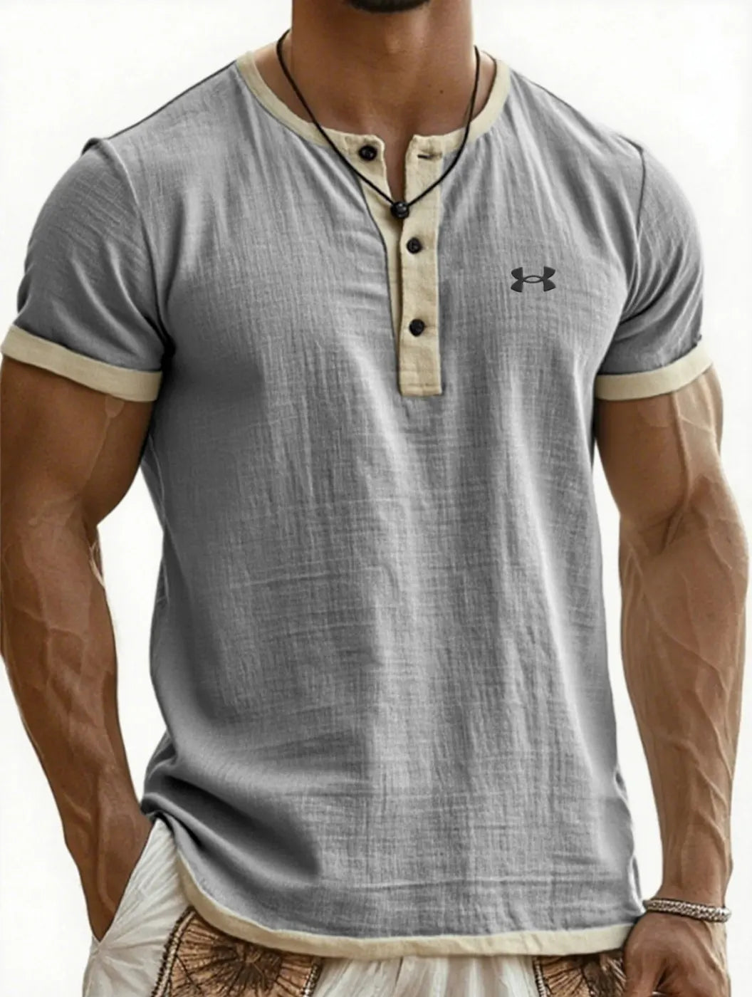 Men's Cotton Linen Breathable Casual Color Block Henley T-Shirt