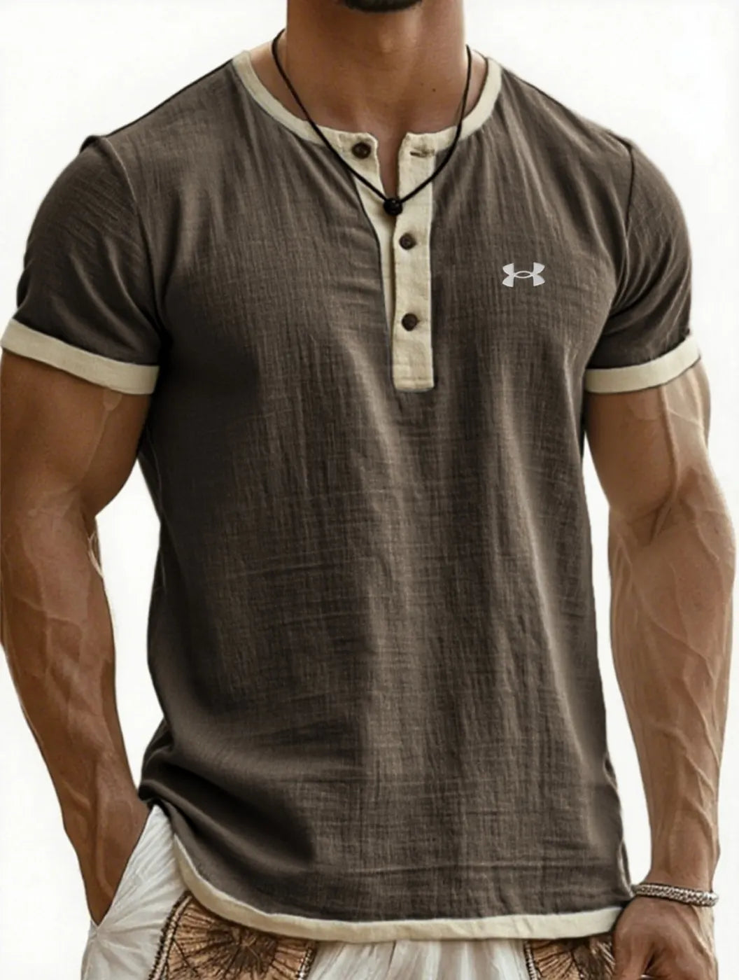 Men's Cotton Linen Breathable Casual Color Block Henley T-Shirt