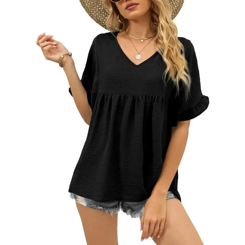 Women's Casual V Neck Ruffle Sleeve Peplum Tops