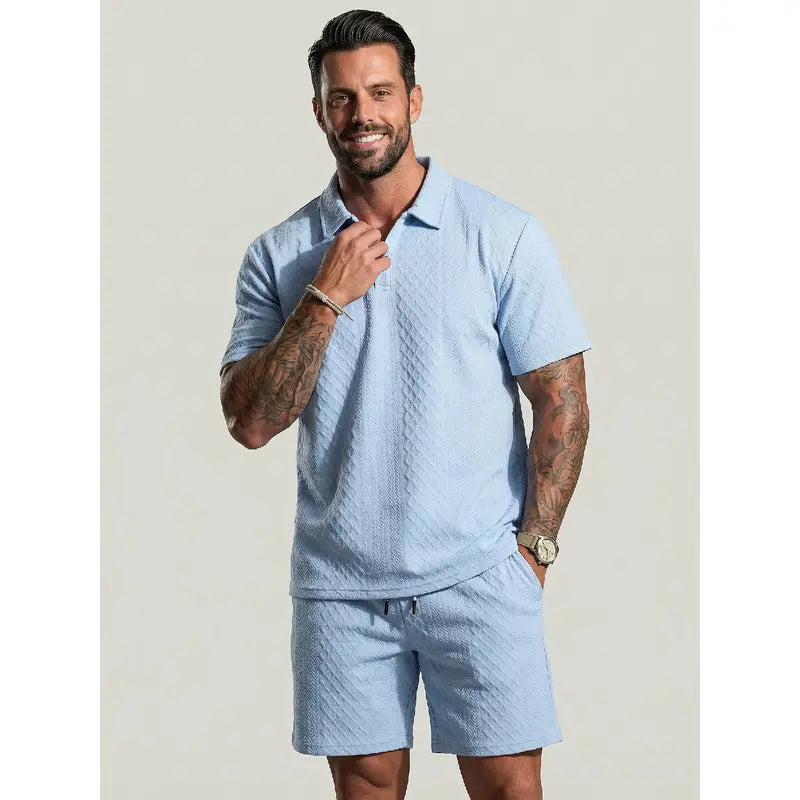 Men's Solid Polo Shirt & Drawstring Waist Shorts Set Cozy Breathable Two-piece