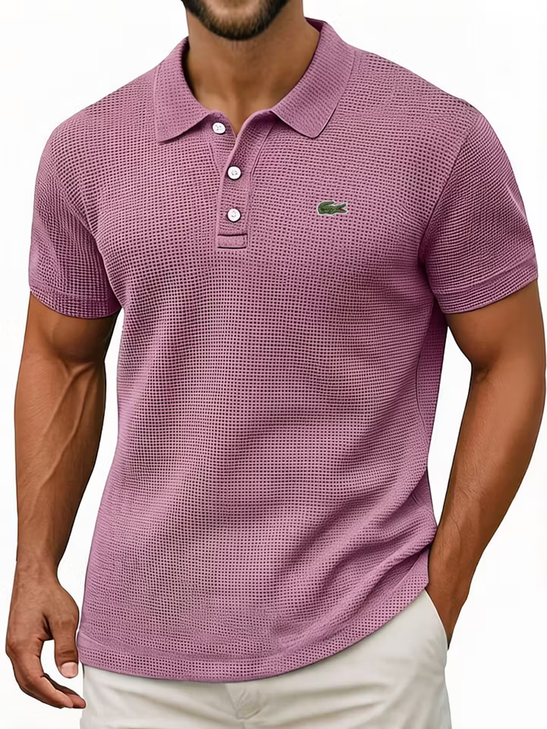 Men's Cotton Waffle Vintage Casual Breathable Pinholes Short Sleeve Polo Shirt