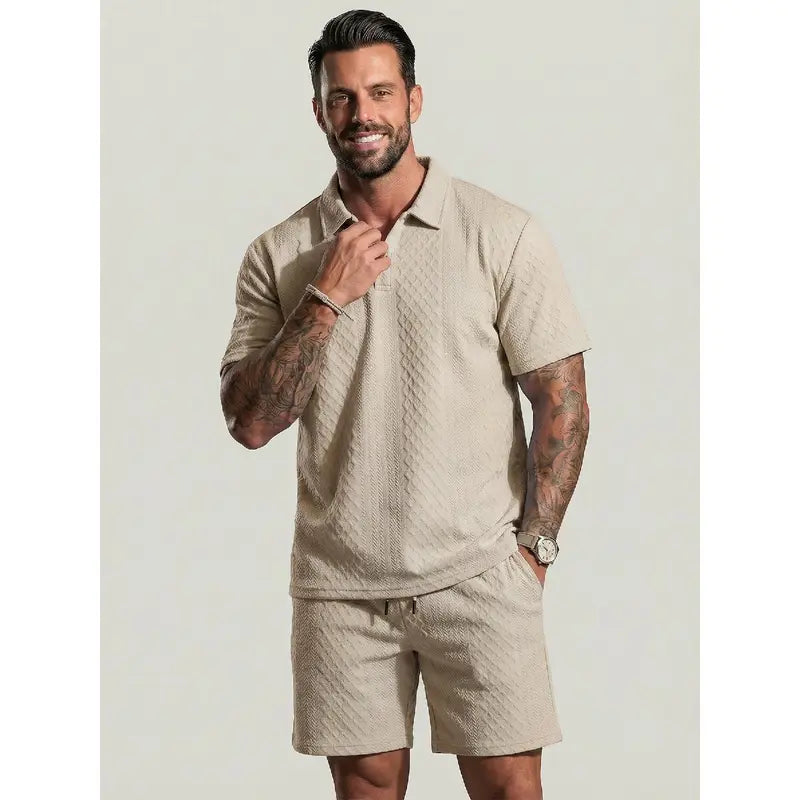 Men's Solid Polo Shirt & Drawstring Waist Shorts Set Cozy Breathable Two-piece