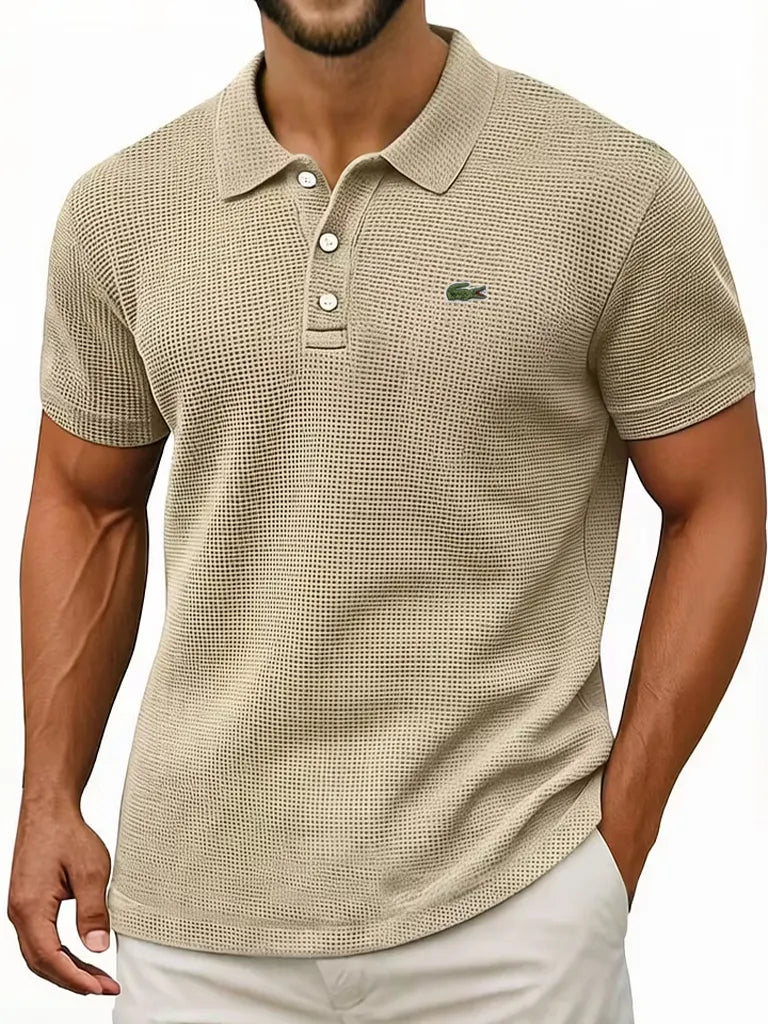 Men's Cotton Waffle Vintage Casual Breathable Pinholes Short Sleeve Polo Shirt