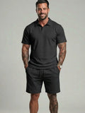 Men's Solid Polo Shirt & Drawstring Waist Shorts Set Cozy Breathable Two-piece